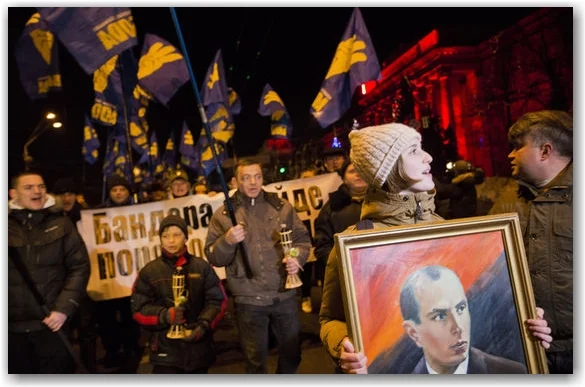Manifestacja partii Swoboda, ku czci Stepana Bandery
