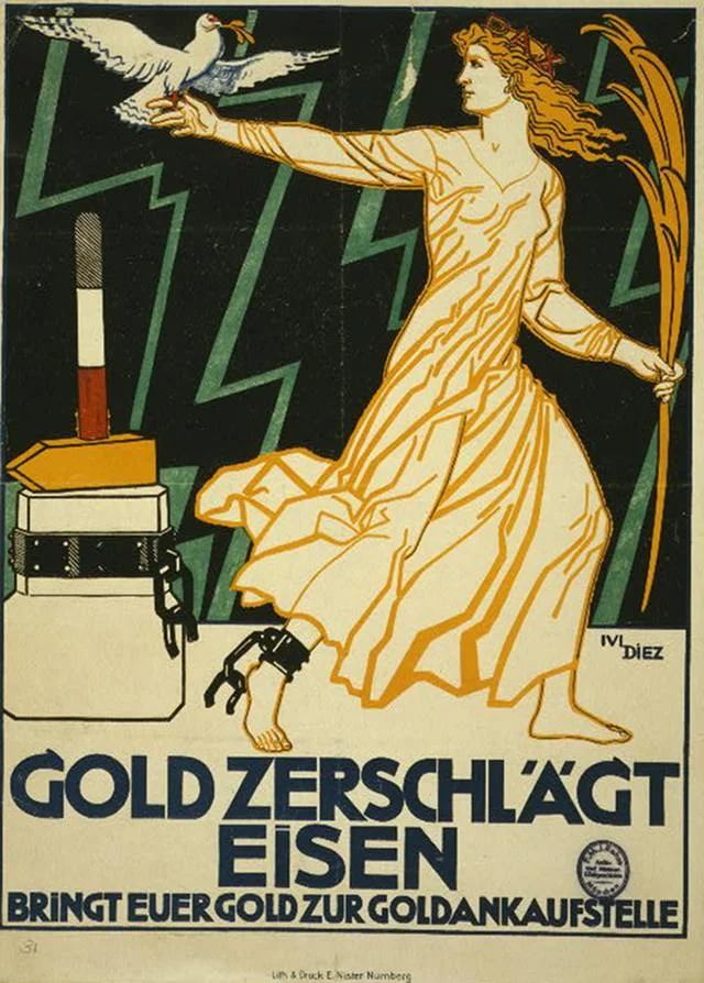 Rok 1916. Plakat zachęcający obywateli do sprzedawania złota. Złoto pokona żelazo