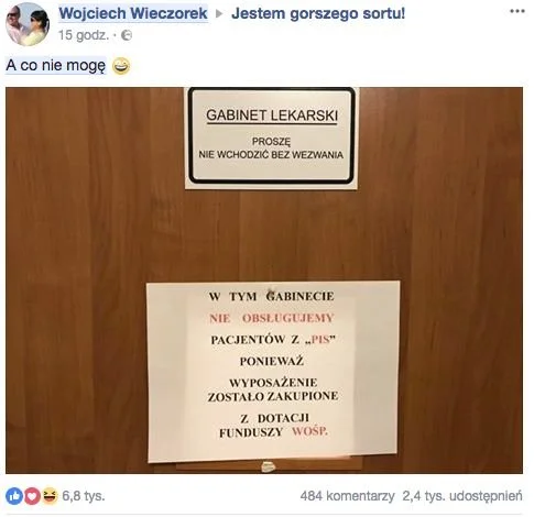 Dr Wojciech Wieczorek "pochwalił się" na Facebooku kartką, jaką zawiesił na drzwiach swojego gabinetu.