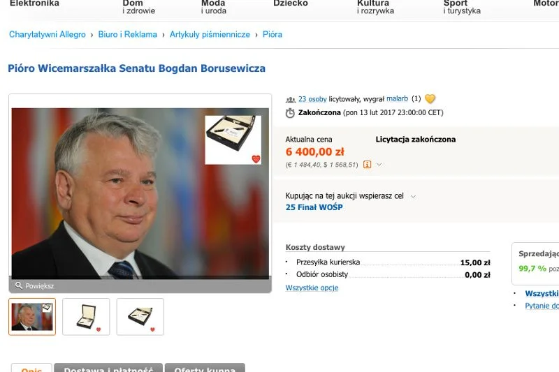 Bogdana Borusewicza na licytację WOŚP przekazał pióro