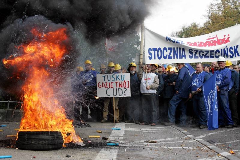 Stoczniowcy ze Szczecina protestują przed Urzędem Marszałkowskim przeciwko planom restrukturyzacji stoczni (październik 2008 r.)
