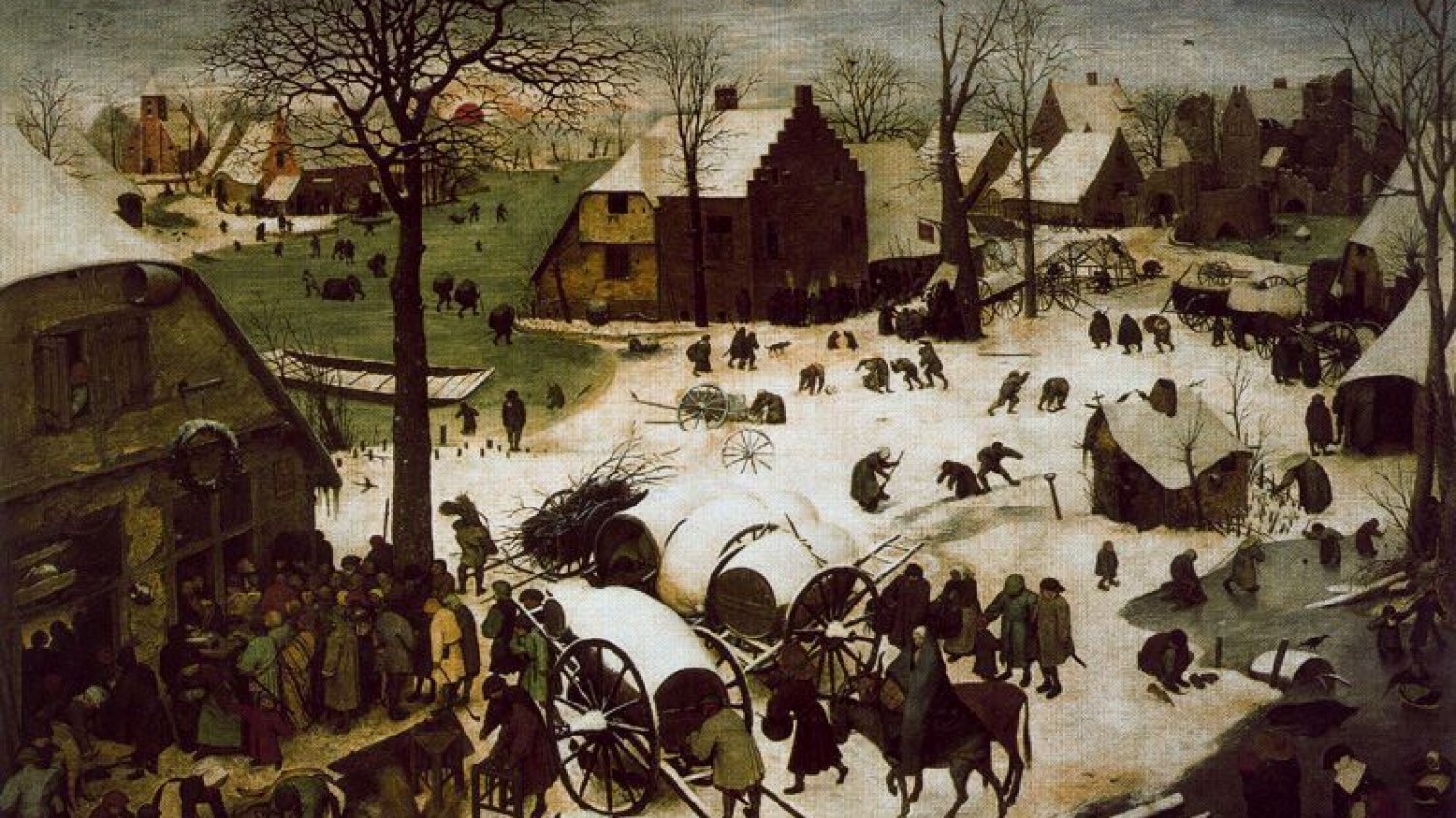Pieter Bruegel Starszy, Spis ludności w Betlejem, 1566, tempera na desce dębowej, Królewskie Muzea Sztuk Pięknych