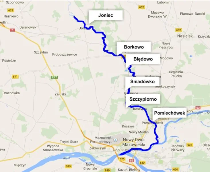 Trasa spływu kajakowego Pomiechówek