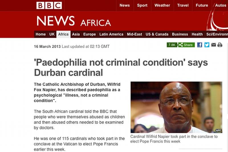 Arcybiskup Durbanu Wilfred Fox Napier wzbudził kontrowersje swoją wypowiedzią o pedofilii.