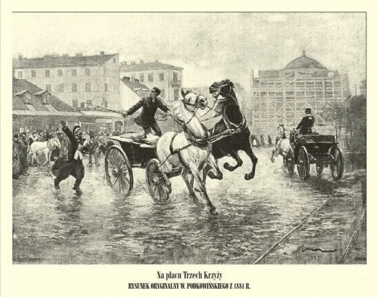 Ruch uliczny na Placu Trzech Krzyży, rysunek z 1881 roku.