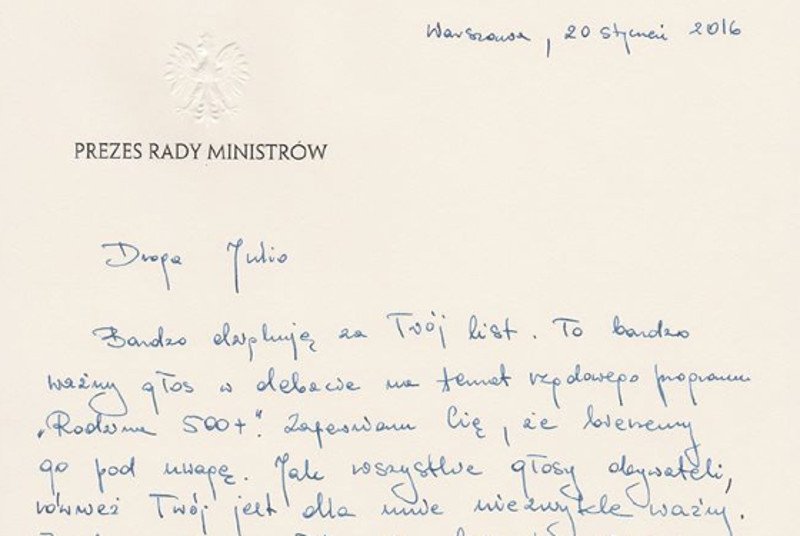 Fragment listu Beaty Szydło do 9-letniej Julii z Mikołowa.