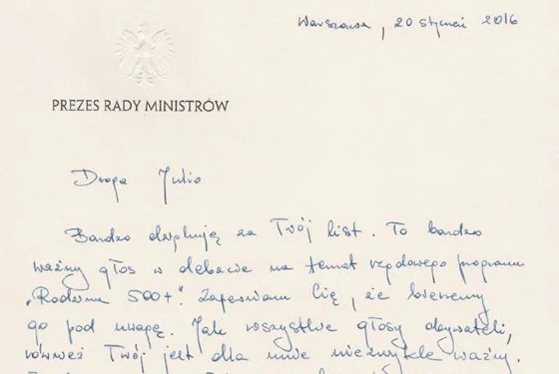 Fragment listu Beaty Szydło do 9-letniej Julii z Mikołowa.