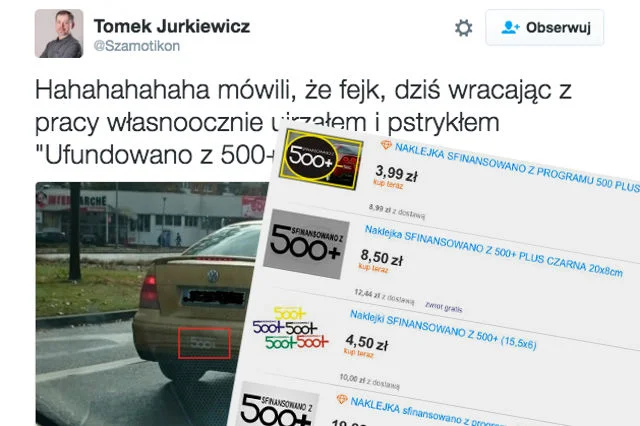Coraz więcej samochodów jeździ z naklejkami informującymi o tym, że samochód został sfinansowany przez państwo w ramach programu 500+.