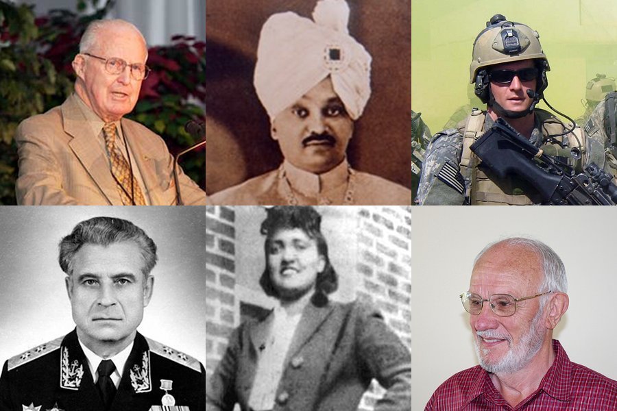 Od lewej od góry: Norman Borlaug, Jam saheb Digvijaysinhji, Mike Monsoor. W dolnym rzędzie: Wasylij Archipow, Henrietta Lacks, James Harrison