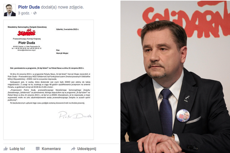 Piotr Duda żąda przeprosin, w sprawie pomówień o służbę w ZOMO.