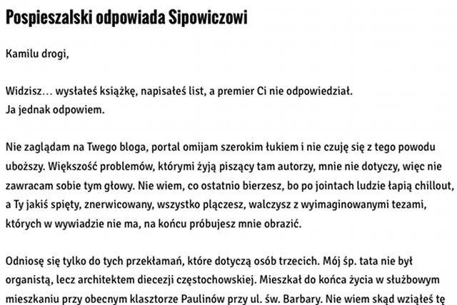Jan Pospieszalski odpowiedział Kamilowi Sipowiczowi