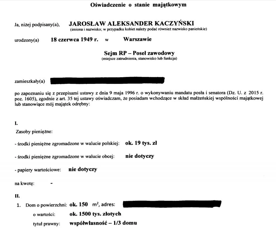 Fragment oświadczenia majątkowego Jarosława Kaczyńskiego z 2018 roku.