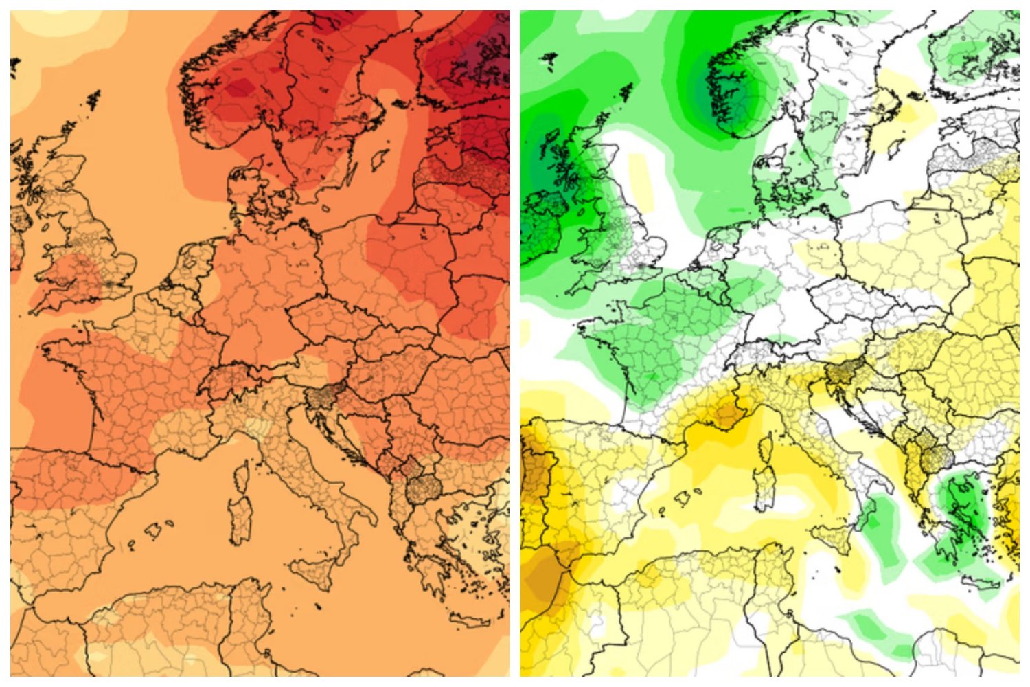 W grudniu szykuje się temperatura wyższa od normy wieloletniej. Na drugiej grafice prognozowana anomalia opadów.