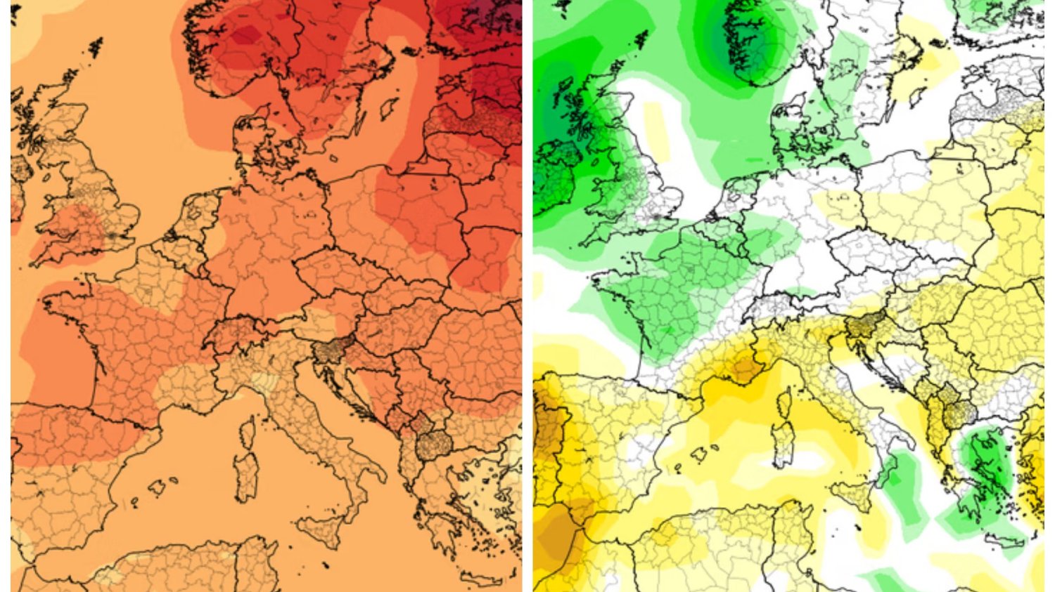 W grudniu szykuje się temperatura wyższa od normy wieloletniej. Na drugiej grafice prognozowana anomalia opadów.