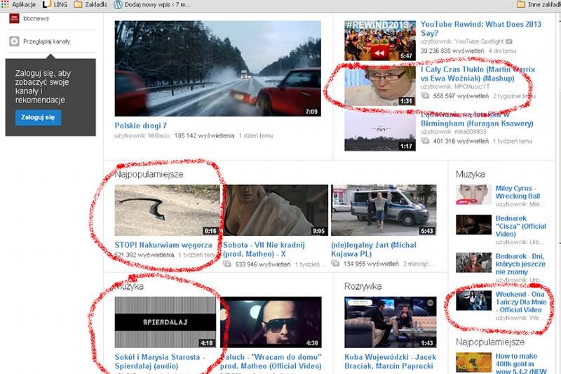 Zrzut ze strony youtube.com przysłał do nas czytelnik. Zaznaczył na nim promowane przez serwis filmy, które zawierają niecenzuralne wyrażenia i promują naganne zachowania.