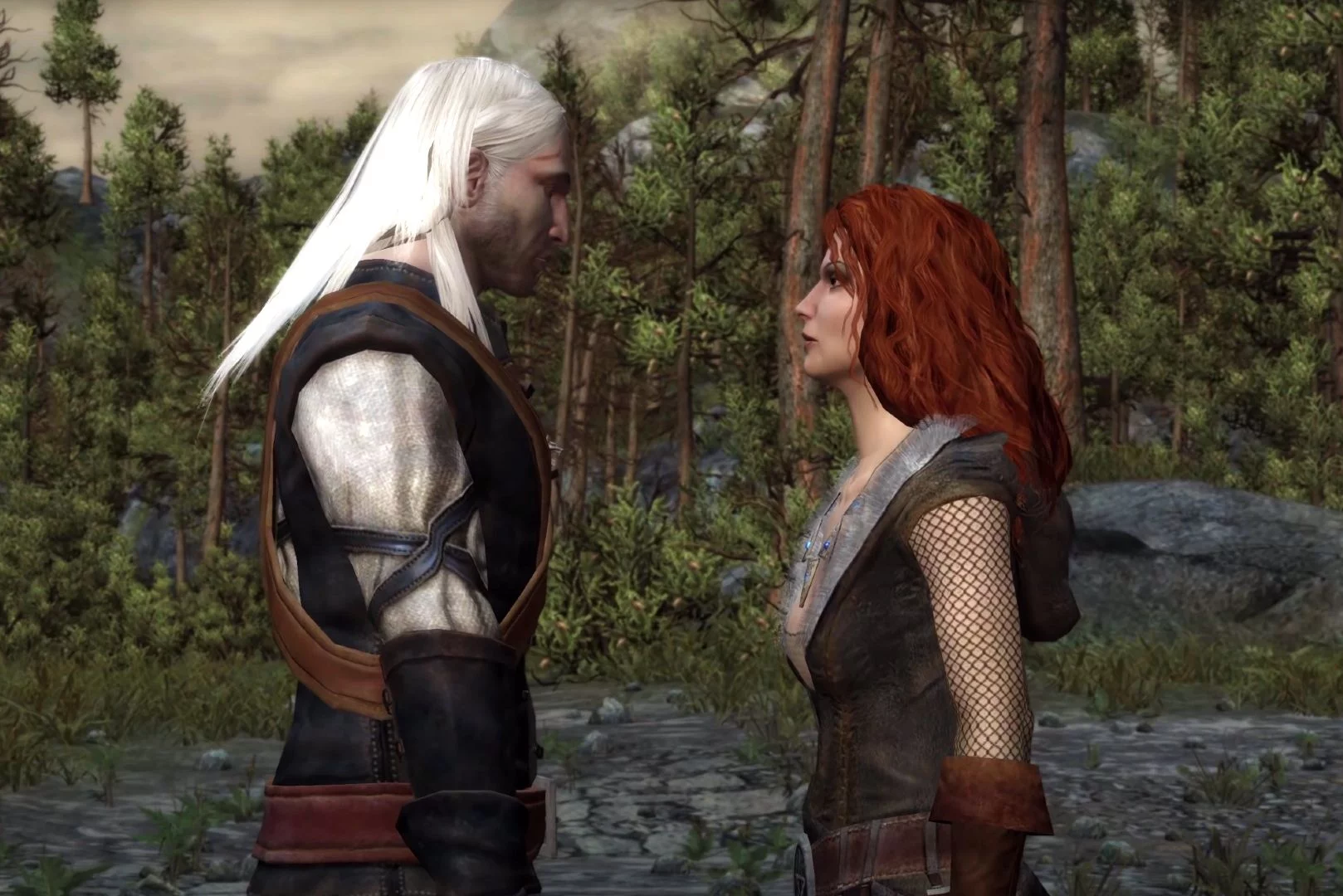 Geralt i Triss w grze Wiedźmin z 2007 roku.