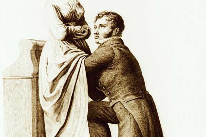 Rycina z 1822 roku przedstawiająca badanie ginekologiczne.