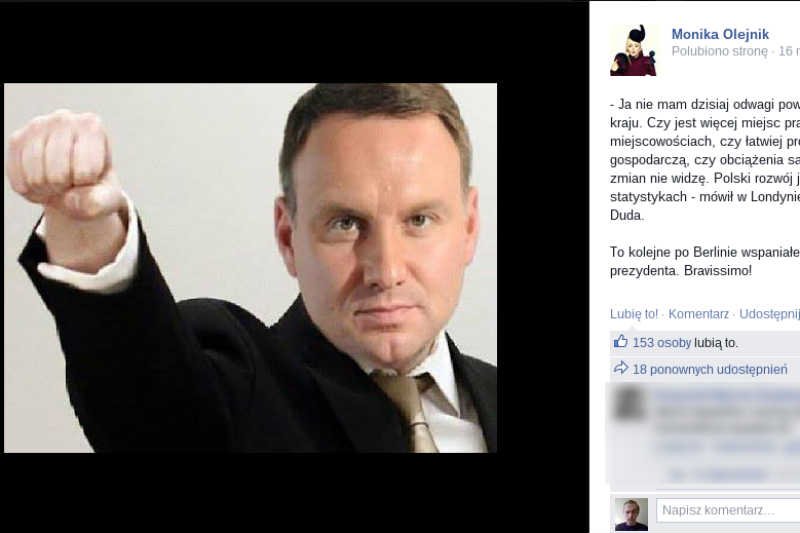 Monika Olejnik zilustrowała tekst fotomontażem Andrzeja Dudy i Andersa Breivika.