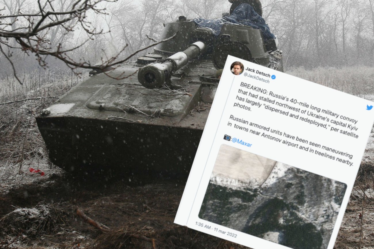 Zdjęcia satelitarne wskazują na przegrupowanie rosyjskiego konowoju pod Kijowem.