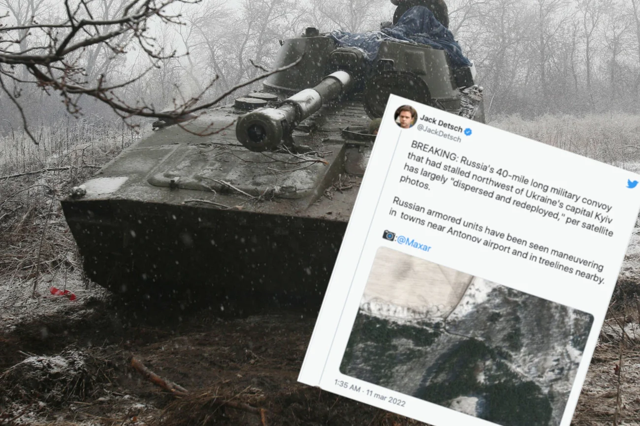 Zdjęcia satelitarne wskazują na przegrupowanie rosyjskiego konowoju pod Kijowem.