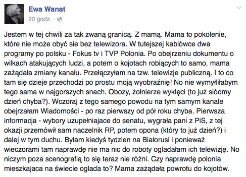 Ewa Wanat podzieliła się na Facebooku swoją opinią o "Wiadomościach" TVP po przejęciu mediów publicznych przez PiS.