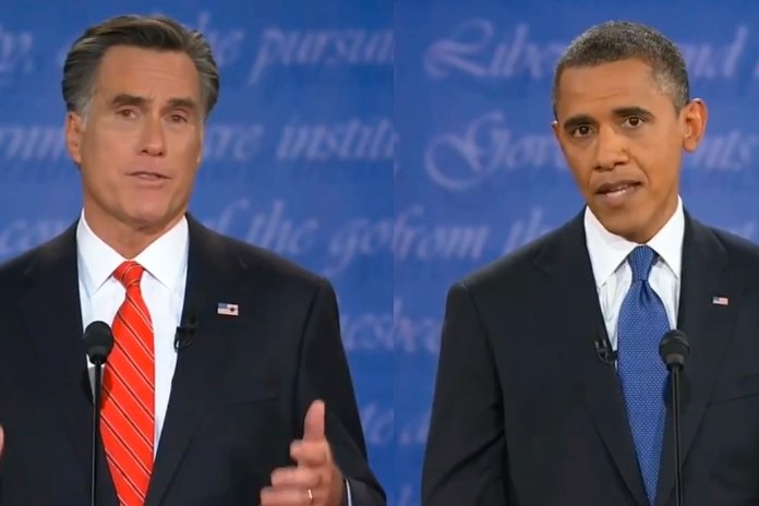 Kandydaci na prezydenta USA podczas pierwszej debaty. Od lewej: Mitt Romney, Barack Obama