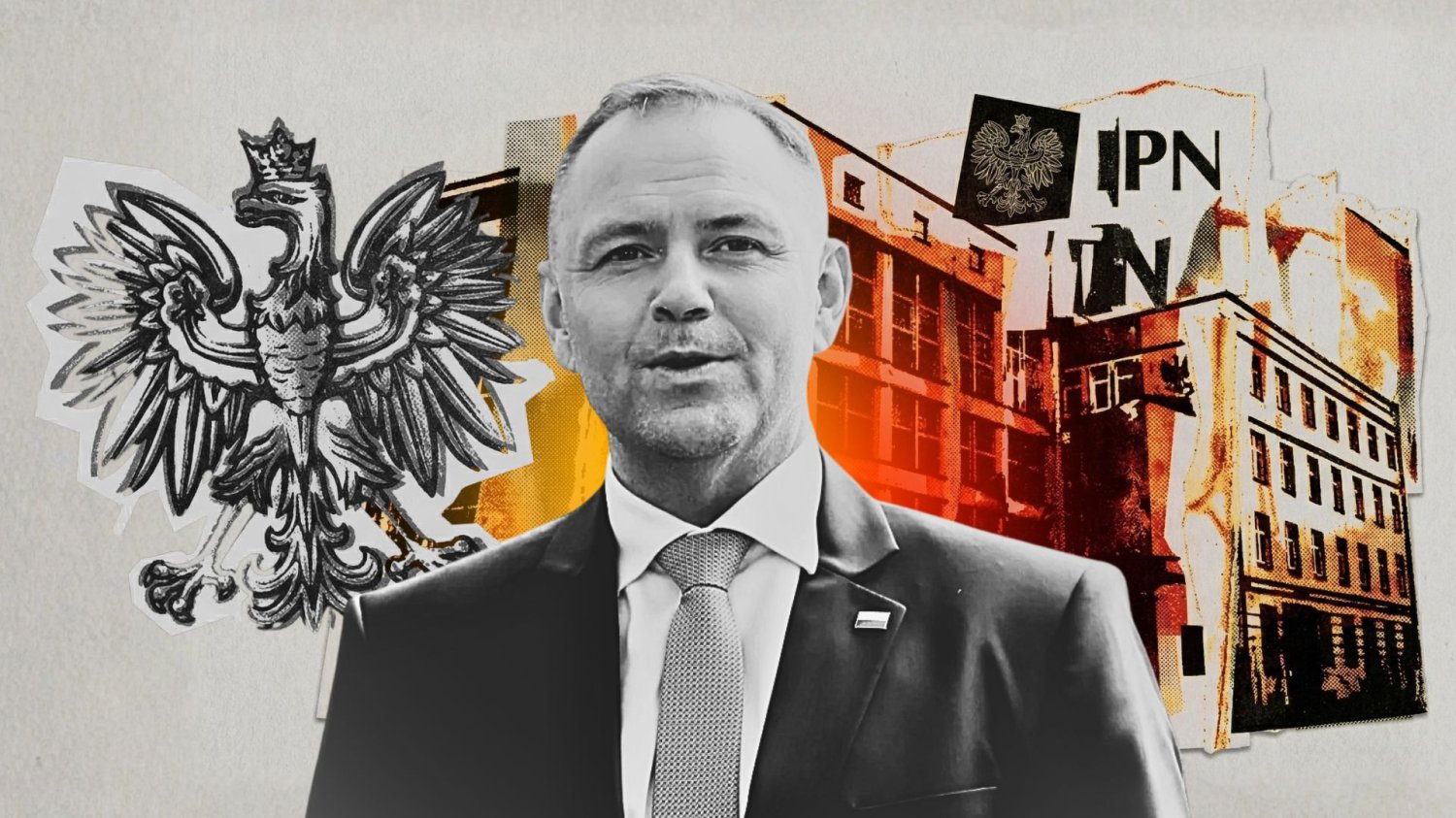 Karol Nawrocki. W tle ilustracja przedstawiająca IPN.