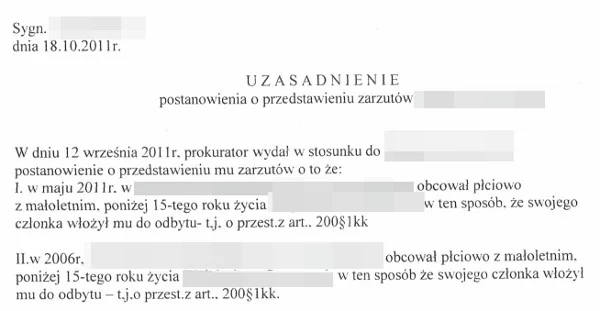 Fragment prokuratorskiej decyzji o postawieniu zarzutów panu Adamowi.