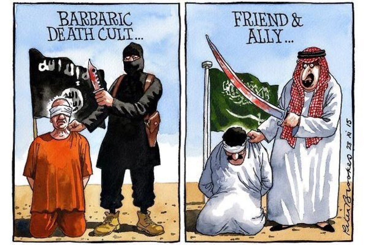 Barbarzyński kult śmierci/Przyjaciel i sojusznik - karykatura narysowana w ramach akcji #SueMeSaudi
