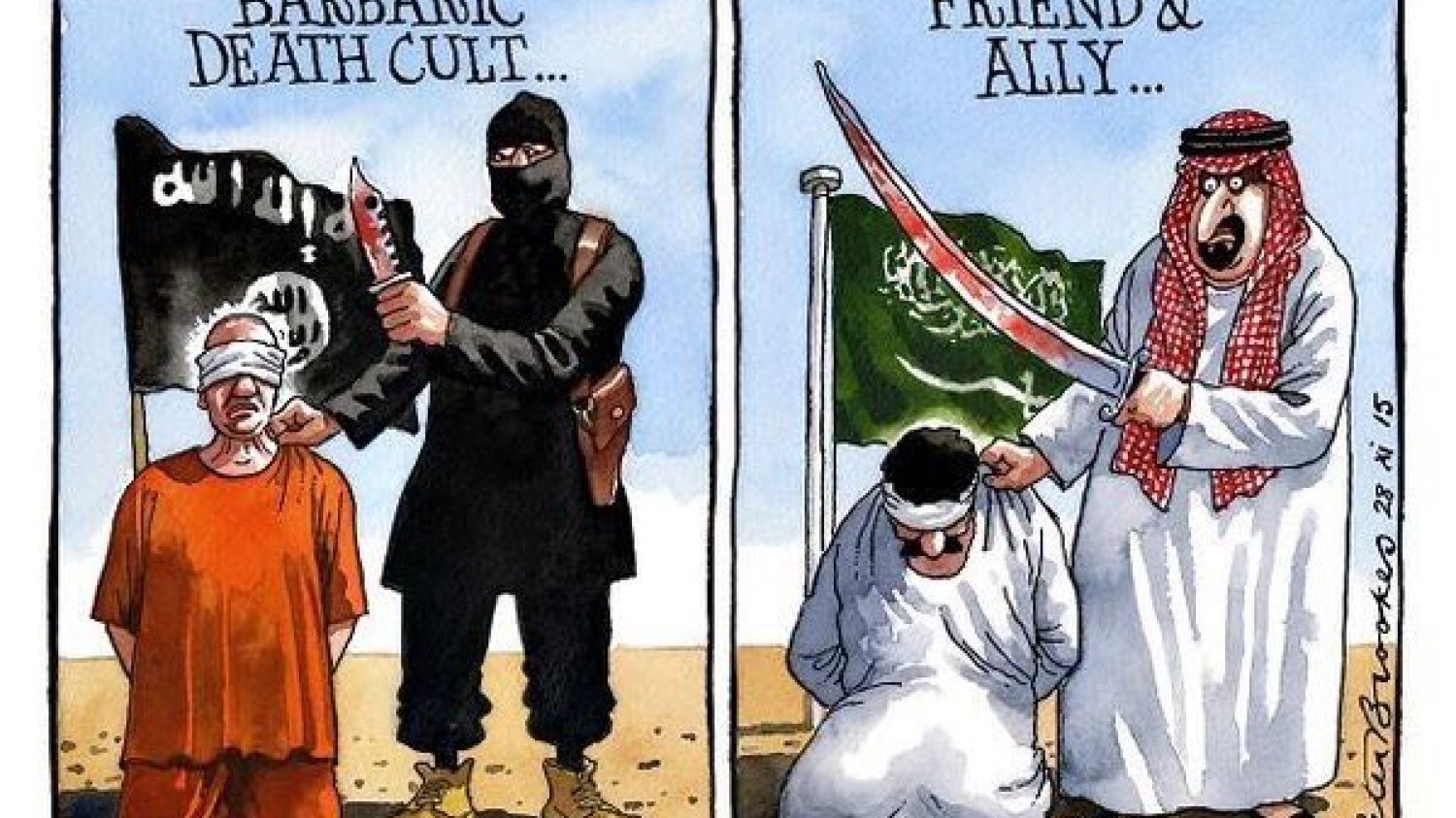 Barbarzyński kult śmierci/Przyjaciel i sojusznik - karykatura narysowana w ramach akcji #SueMeSaudi