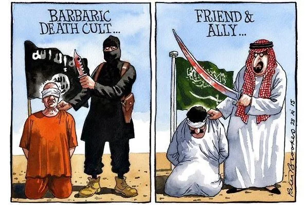 Barbarzyński kult śmierci/Przyjaciel i sojusznik - karykatura narysowana w ramach akcji #SueMeSaudi