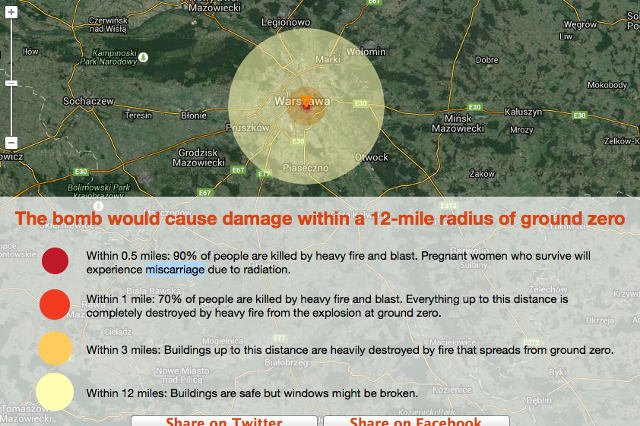 Aplikacja radia PRI pokazuje, jaki byłby zasięg zniszczeń, gdyby bomba Little Boy spadła na wskazane ne mapie miejsce