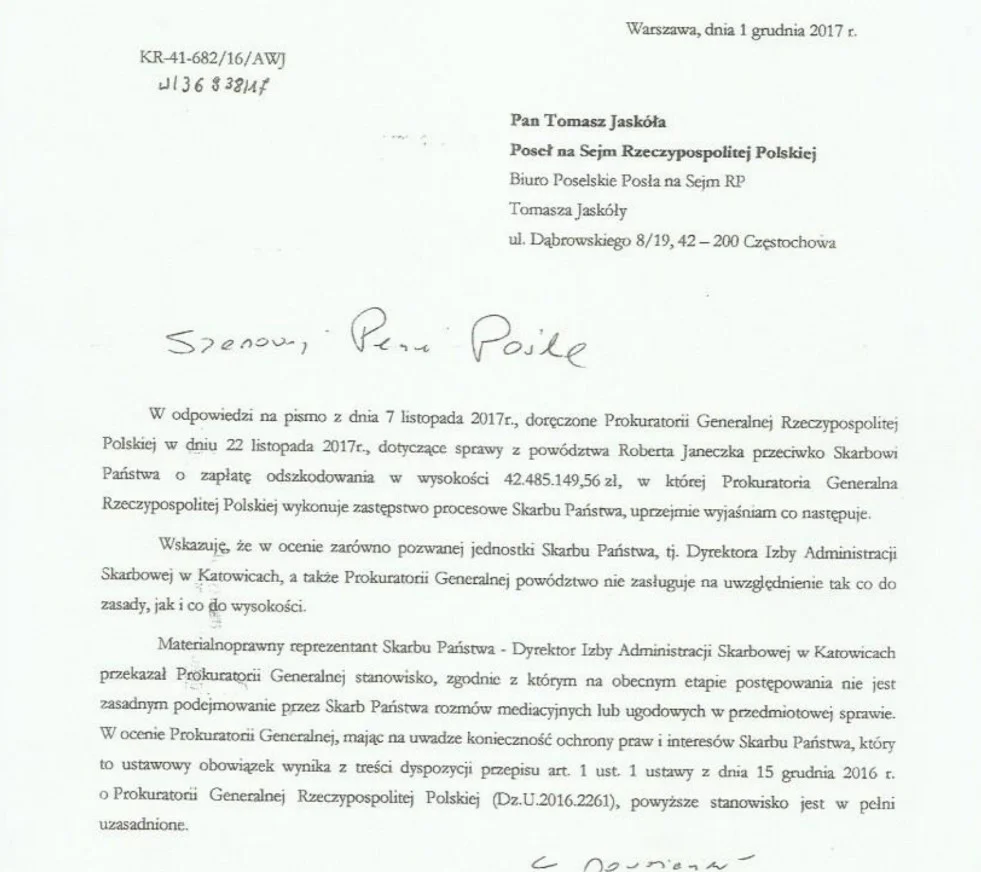 Fragment listu prezesa Prokuratorii Generalnej do posła Tomasza Jaskóły.