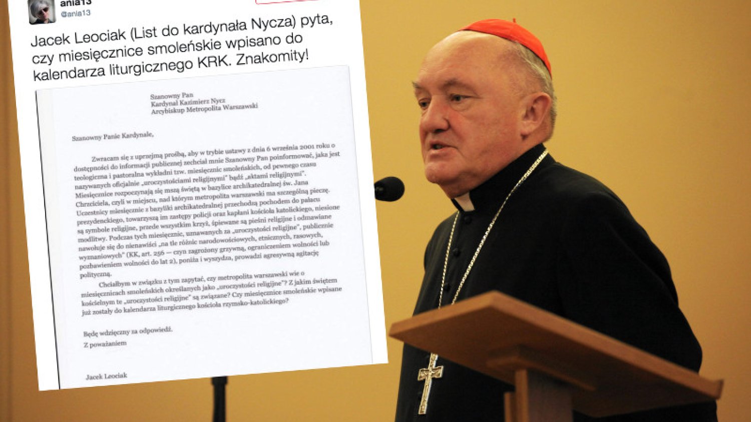 List w sprawie miesięcznic smoleńskich trafił do kardynała Kazimierza Nycza. Ciekawe, jak będzie brzmiała odpowiedź.