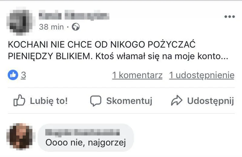 Kasia poinformowała swoich znajomych, że jej konto zostało wykorzystane przez oszusta.