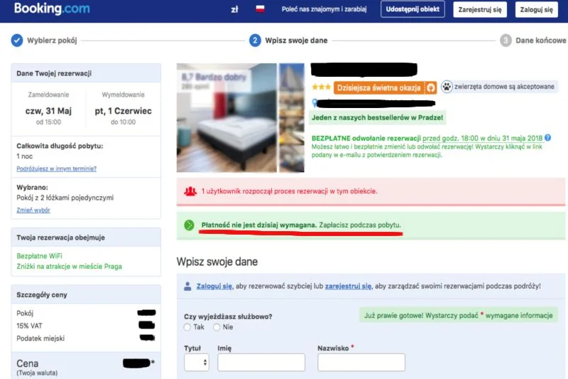 Wiele ofert umożliwia płatność po przyjeździe do hotelu. Wystarczy w serwisie podać numer karty kredytowej / płatniczej i jej dane.