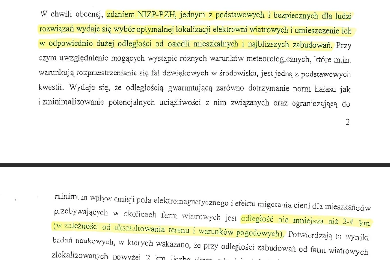 Opinia ministra zdrowia z 27.02.2012. Departament Zdrowia Publicznego w sprawie odległości farm wiatrowych od zabudowań mieszkalnych.