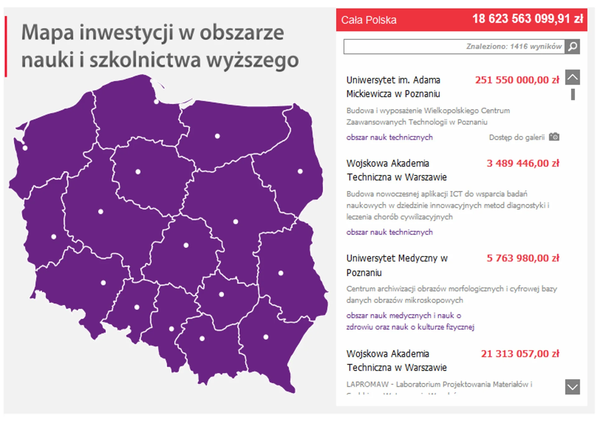 Interaktywna mapa inwestycji w naukę i szkolnictwo wyższe w Polsce