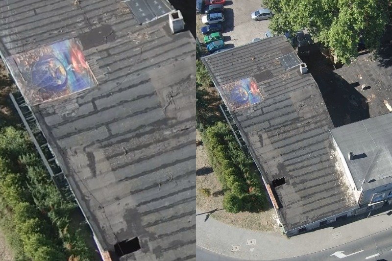 Dziurę dachu zabytkowej tłoczni załatano obrazem zielonogórskiego artysty Bogumiłą Hodera. Malarz i fotograf nie jest pomysłem zachwycony