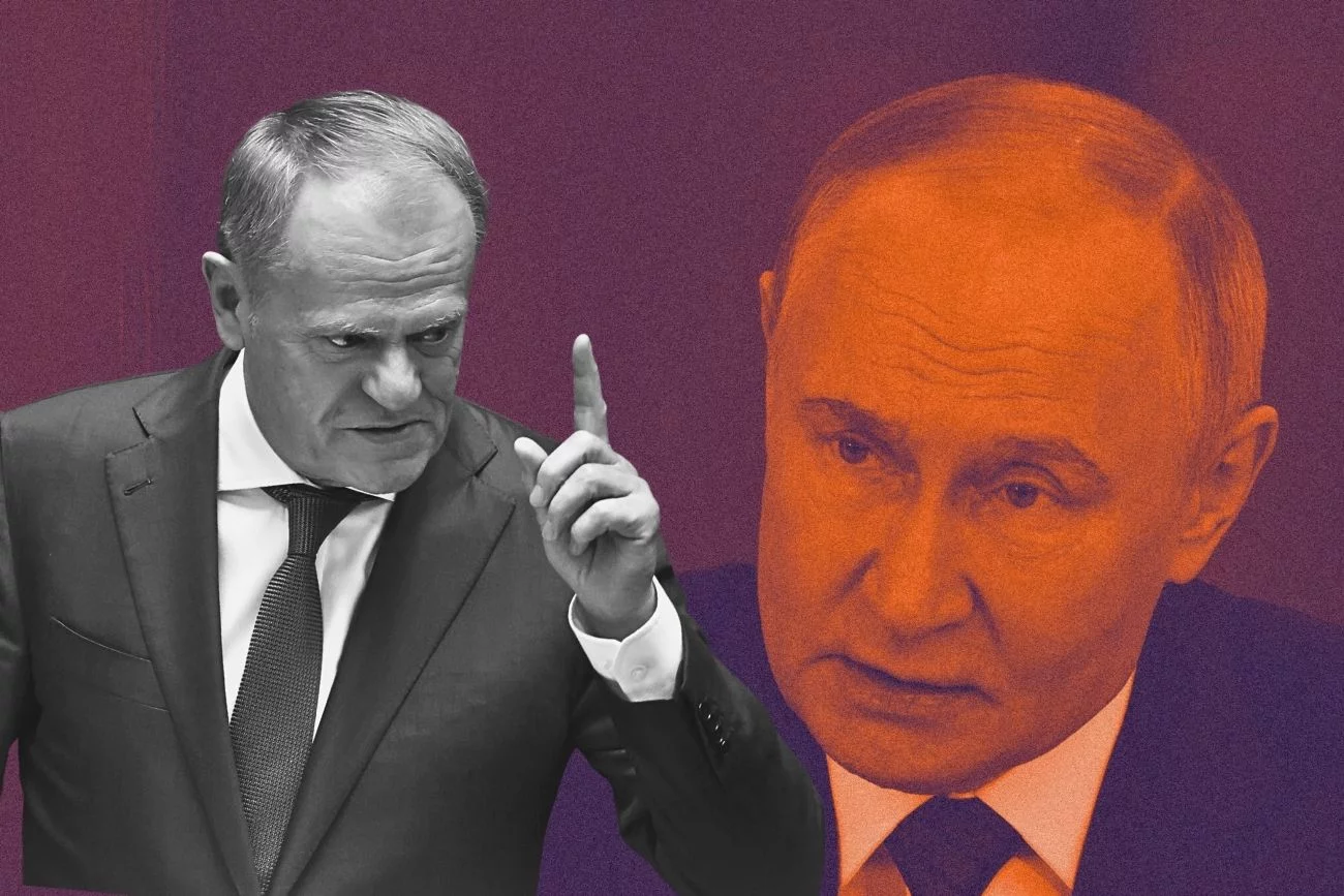 Donald Tusk i Władimir Putin w tle.