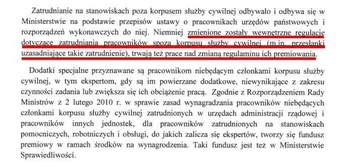 Fragment odpowiedzi Ministerstwa Sprawiedliwości na wniosek o udostępnienie informacji publicznej ws. ekspertów zatrudnionych w resorcie oraz zasad dot. ich wynagradzania.