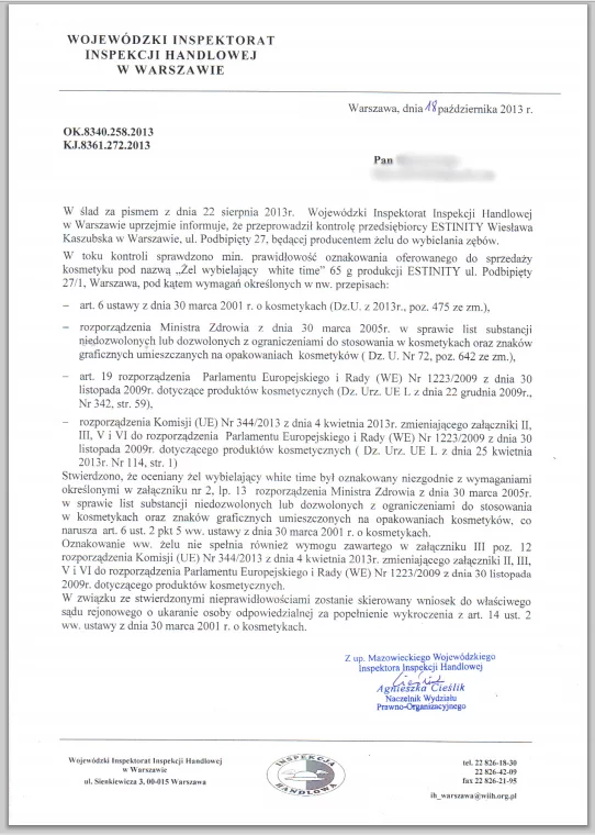 Pismo inspekcji handlowej informujące o skierowaniu sprawy firmy Estinity, producenta WhiteTime, do sądu, w celu ukarania za nieprawidłowości przy oznakowaniu produktu