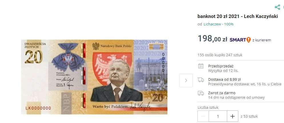 Banknot z wizerunkiem Lecha Kaczyńskiego