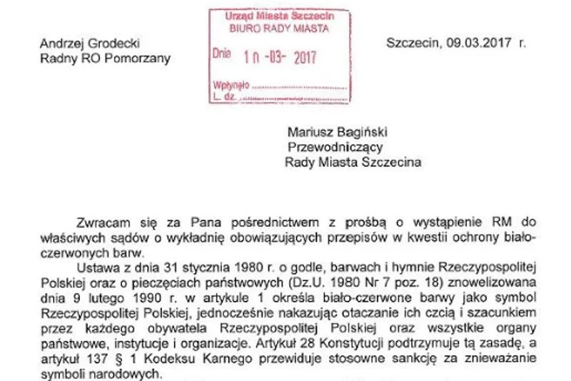 Fragment pisma, jakie Andrzej Grodecki wysłał do Rady Miasta