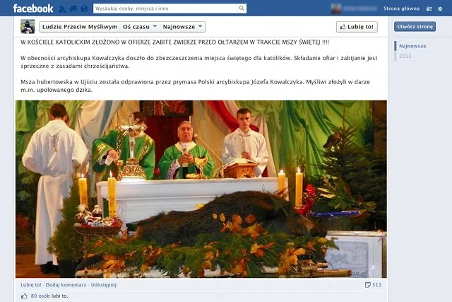 Internauci nie kryli oburzenia martwym dzikiem umieszczonym przed ołtarzem.