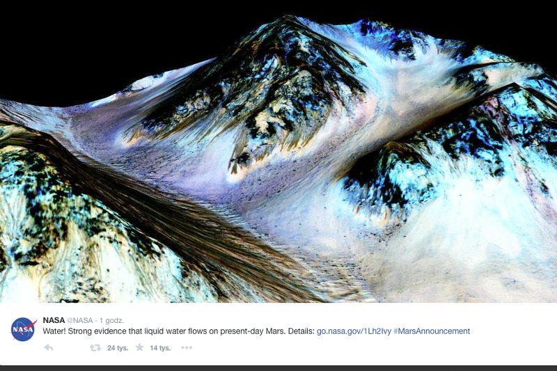 Najnowsze odkrycie naukowców z NASA dowodzi, że na Marsie jest woda w stanie płynnym.