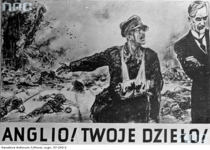 Propagandowy plakat, zrzucający odpowiedzialność za wybuch wojny na Anglię.