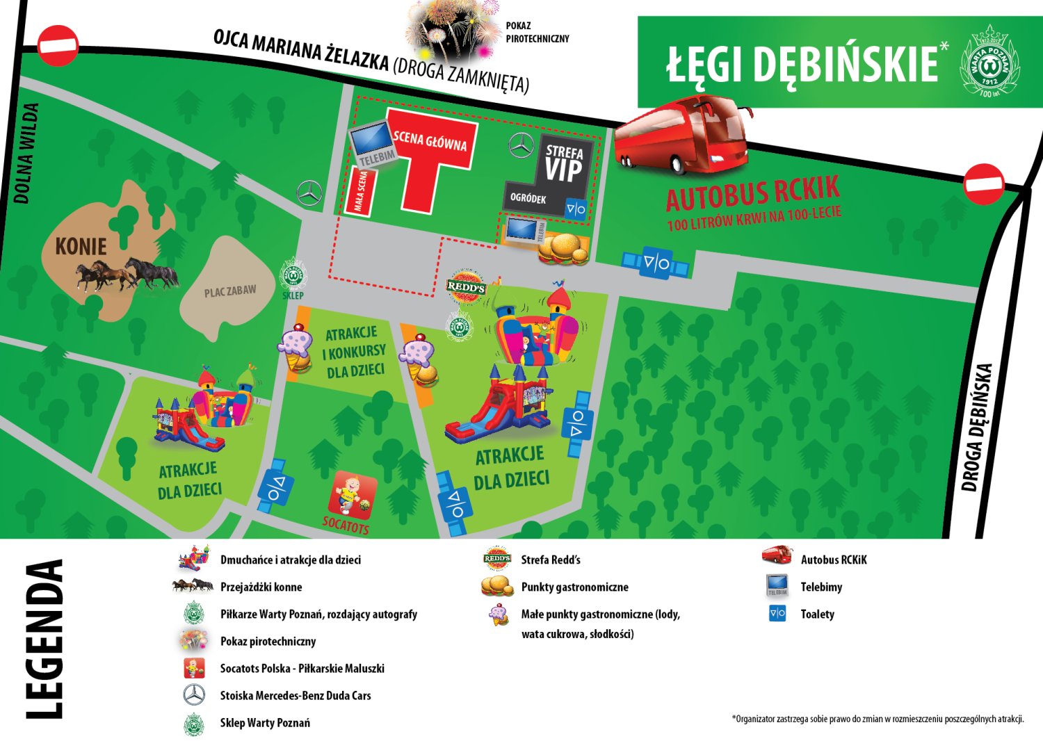 Mapka przedstawia rozmieszczenie poszczególnych atrakcji na Łęgach Dębińskich 15 września.