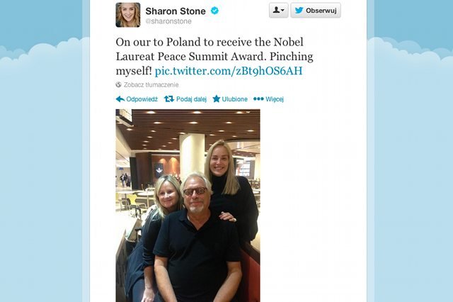 Sharon Stone na Twitterze pochwaliła się wizytą w Polsce i Nagrodą Pokoju, którą dostanie w Warszawie.
