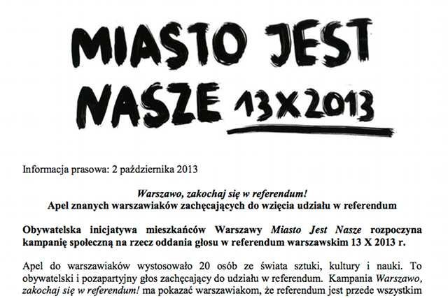 Sygnatariusze listu apelują o udział w warszawskim referendum